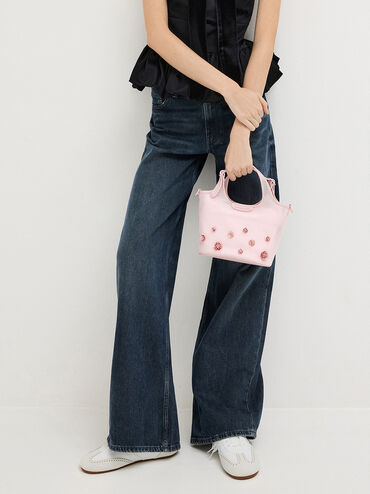 Mesh Sequin-Flower Tote Bag, Blossom Pink, hi-res