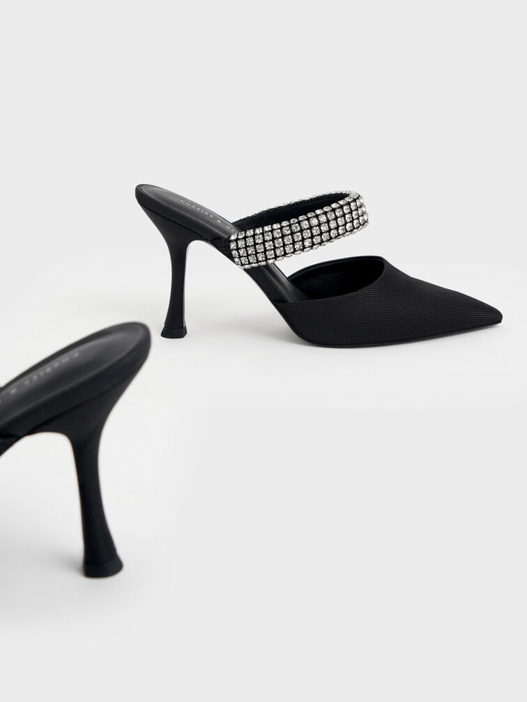 Gem-Embellished Strap Mules, Black, hi-res