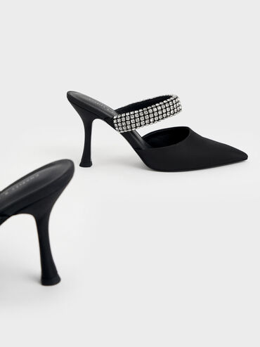 Gem-Embellished Strap Mules, Black, hi-res