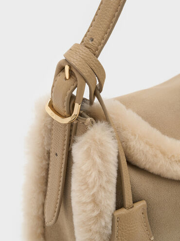 Suede Shearling-Lined Top-Flap Hobo Bag, Sable Beige, hi-res
