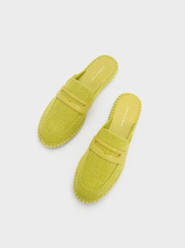 Woven Penny Loafer Backless Espadrilles, Lime, hi-res