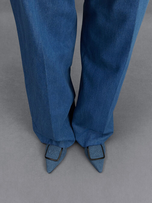 Leather & Denim Pointed-Toe Flats, Blue, hi-res