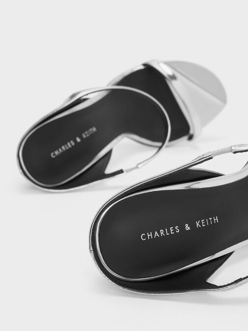 Metallic Cap Stiletto Heel Mules, Silver, hi-res