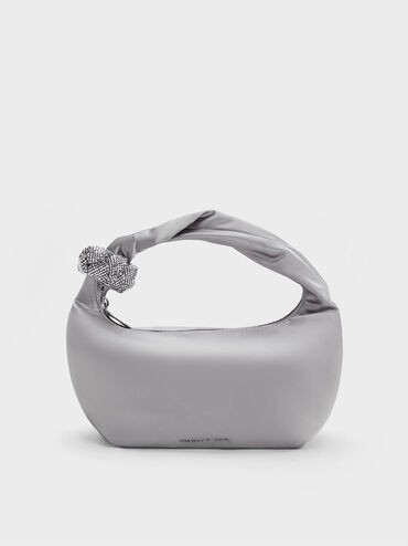 Embellished Metallic Shoulder Bag, Silver, hi-res
