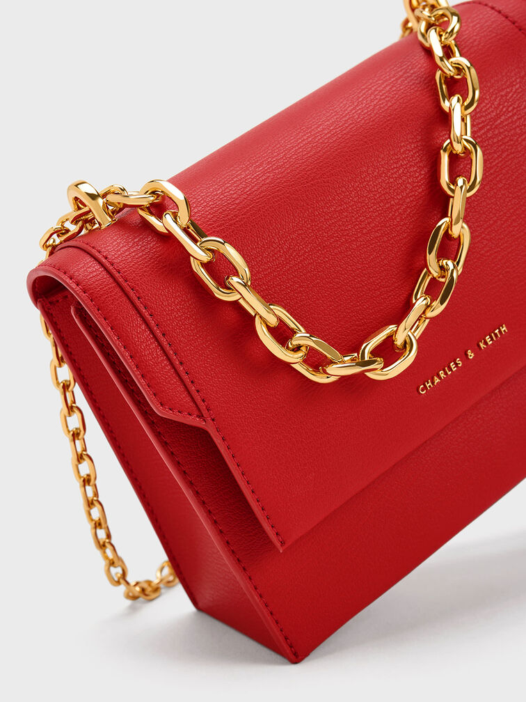 Front Flap Chain Handle Crossbody Bag, Red, hi-res