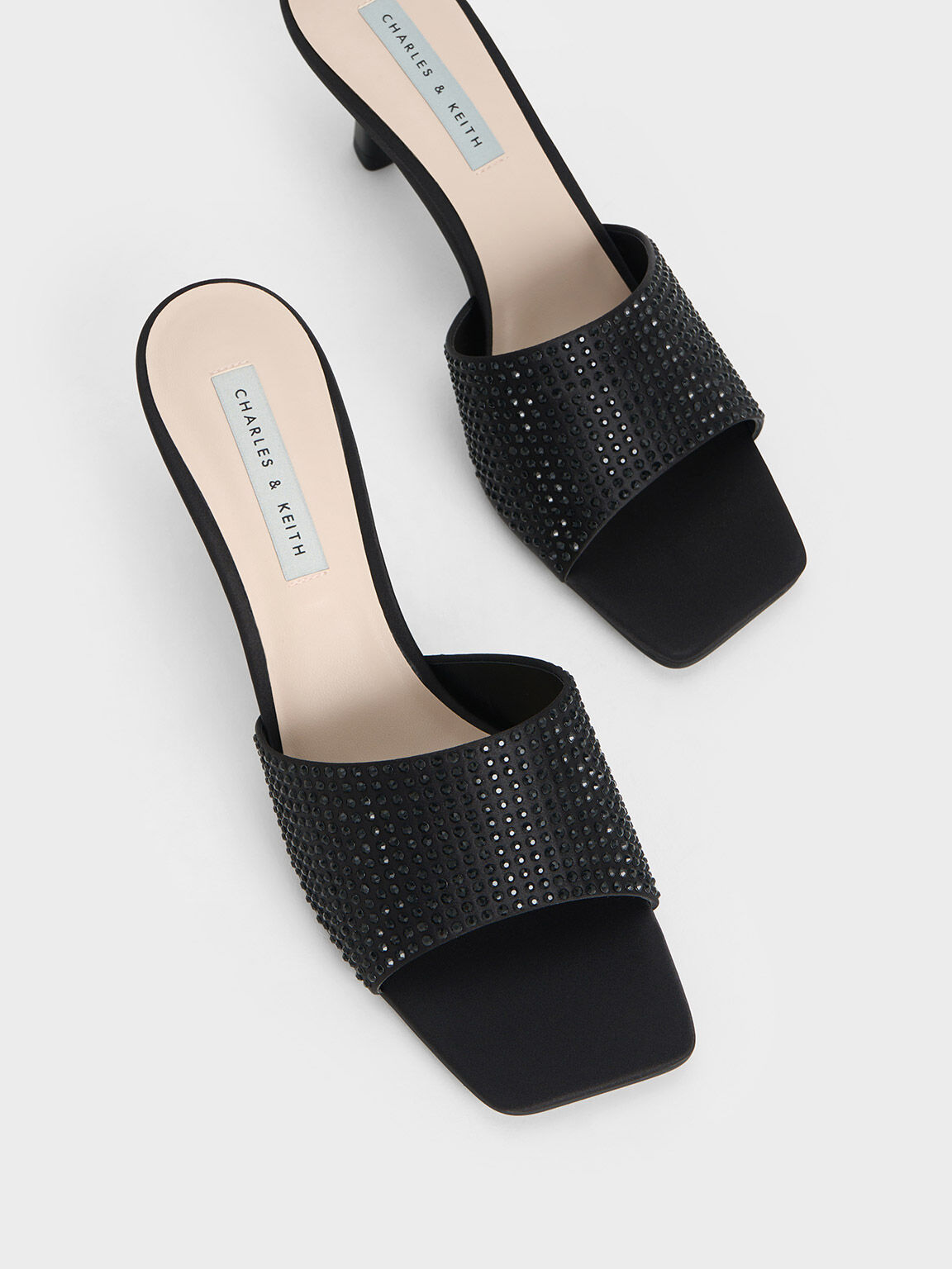 Recycled Polyester Crystal-Embellished Heeled Mules - Black Textured
