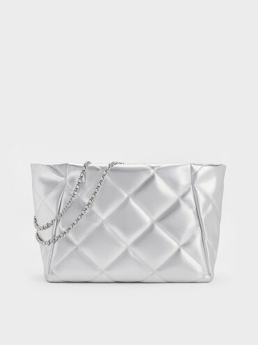 Apfra Metallic Quilted Chain-Handle Tote Bag, Silver, hi-res
