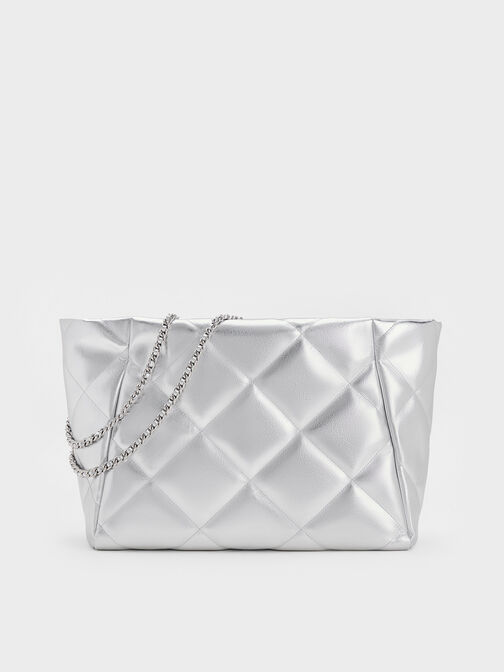 Apfra Metallic Quilted Chain-Handle Tote Bag, Silver, hi-res