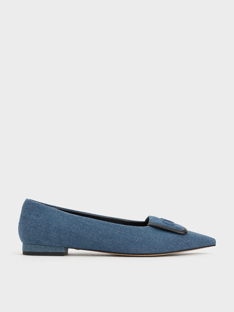 Leather & Denim Pointed-Toe Flats, Blue, hi-res