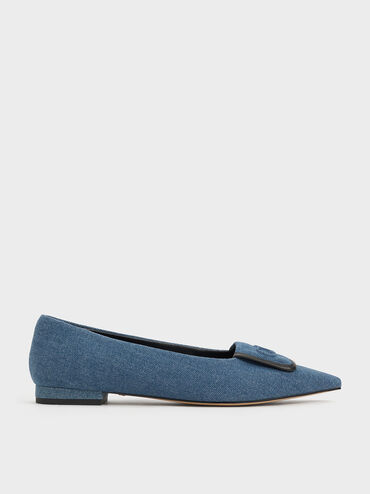 Leather & Denim Pointed-Toe Flats, Blue, hi-res