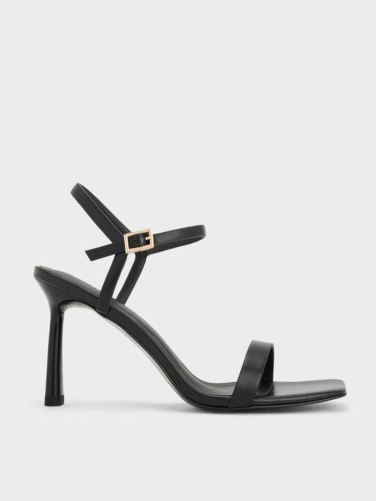 Square-Toe Ankle-Strap Heeled Sandals, Black, hi-res