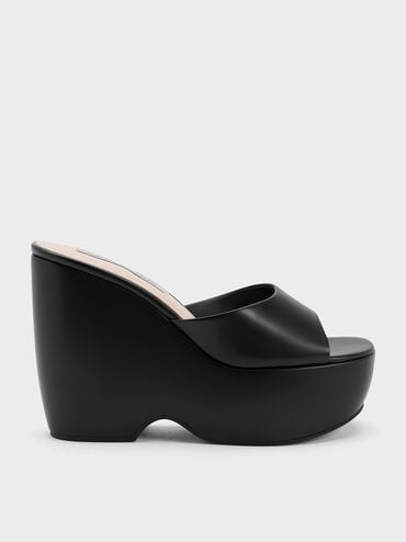 Chunky Platform Wedge Mules, Black, hi-res