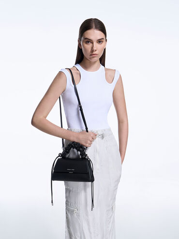 Cosette Ruched-Handle Trapeze Bag, Noir, hi-res