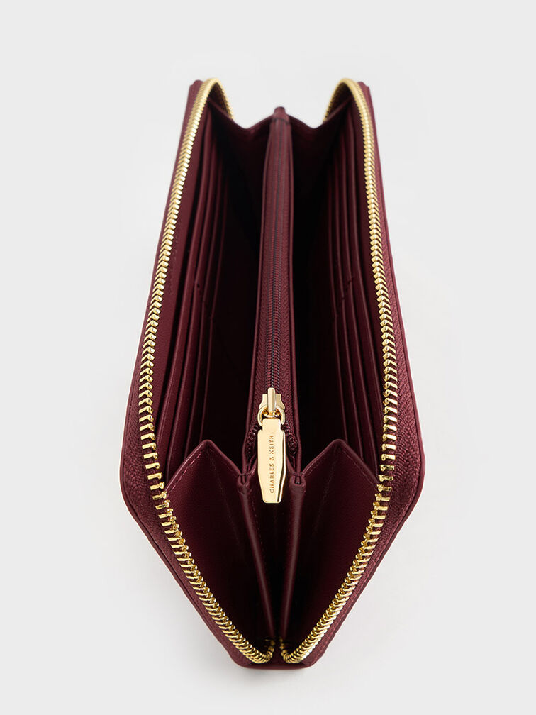 Croc-Effect Zip-Around Long Wallet, Burgundy, hi-res