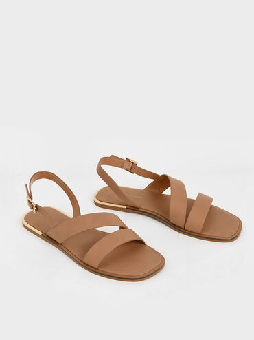 Asymmetric Strap Slingback Flats, Caramel, hi-res