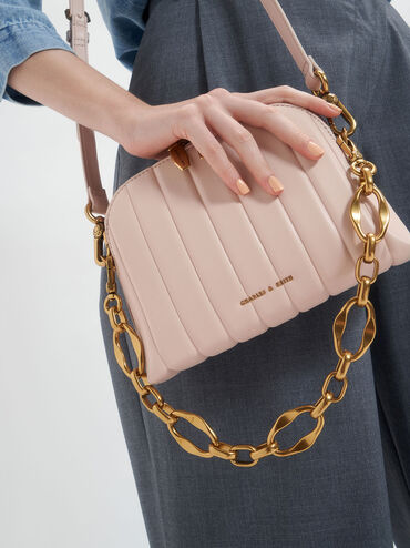 Chain Handle Panelled Crossbody Bag, Light Pink, hi-res