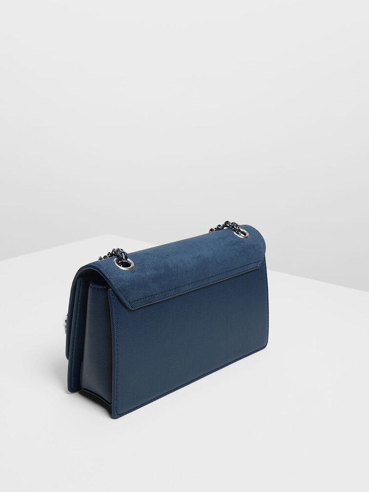 Textured Chain Link Shoulder Bag, Blue, hi-res