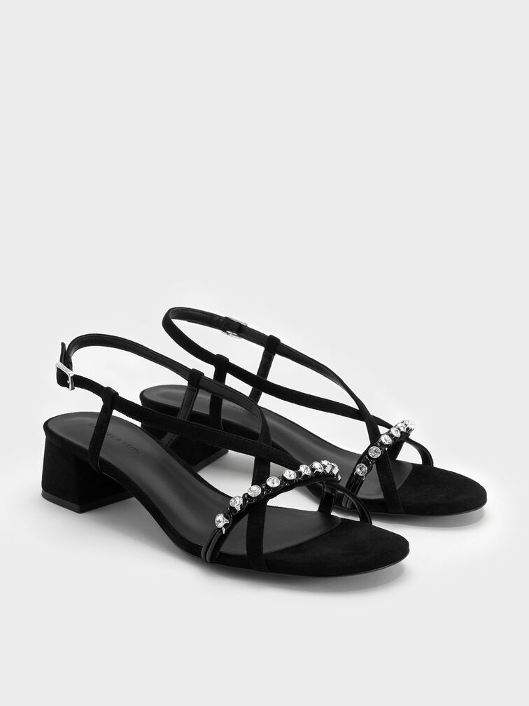 Faux Suede Gem Heeled Slingback Sandals, Black Textured, hi-res