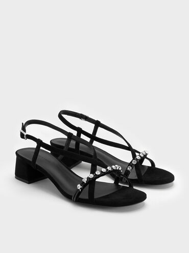 Faux Suede Gem Heeled Slingback Sandals, Black Textured, hi-res