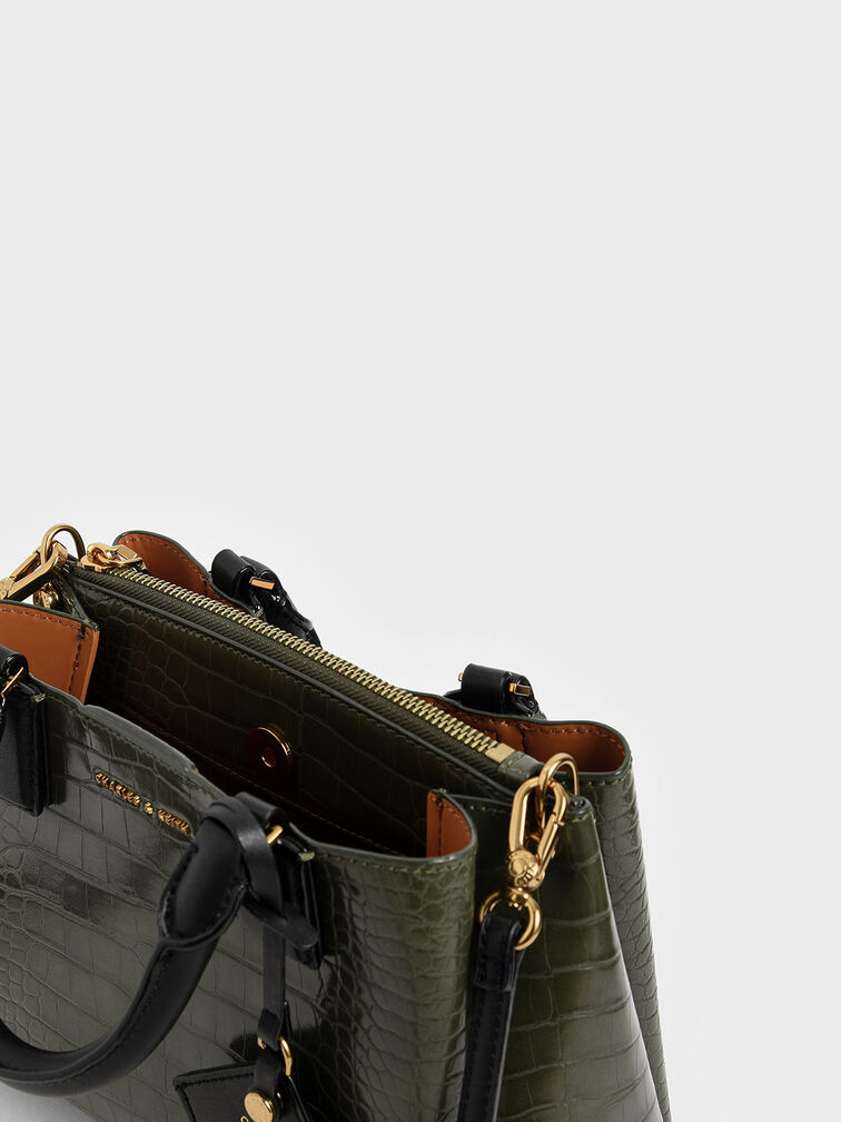 Croc-Effect Structured Bag, Olive, hi-res