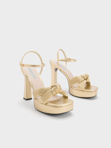 Pleated Knotted Platform Sandals, Gold, hi-res