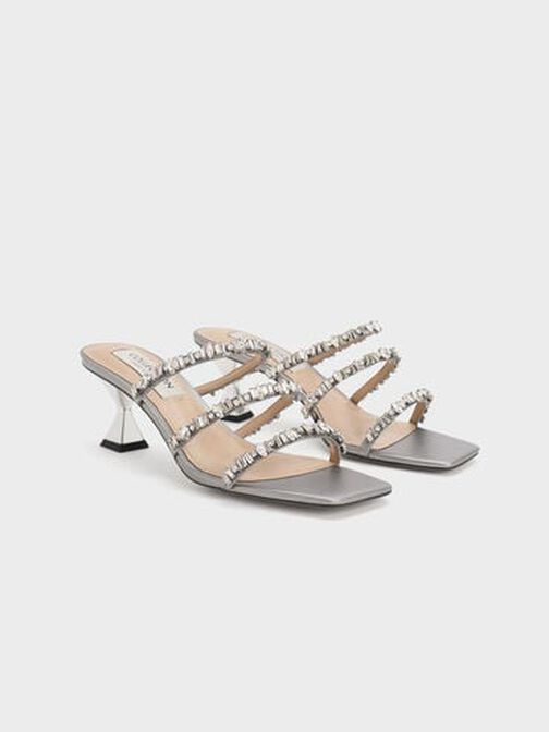 Gem-Encrusted Metallic Strappy Sandals, Silver, hi-res