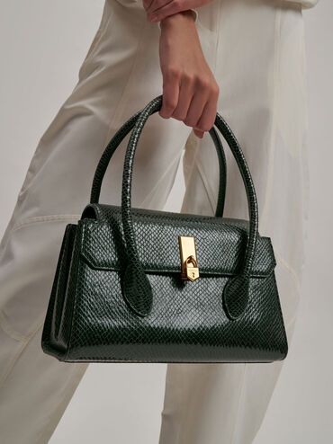 Locket Snake-Print Push-Lock Bag, Dark Green, hi-res