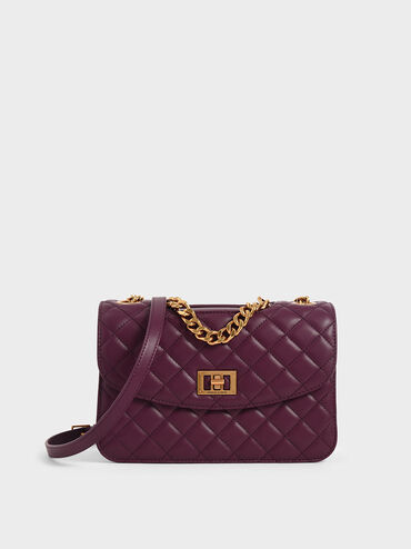 Quilted Turn-Lock Clutch, Purple, hi-res