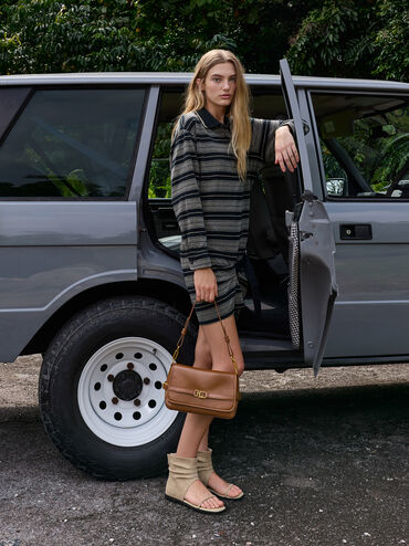 Gwynne Metallic-Buckle Belted Shoulder Bag, Chocolate, hi-res