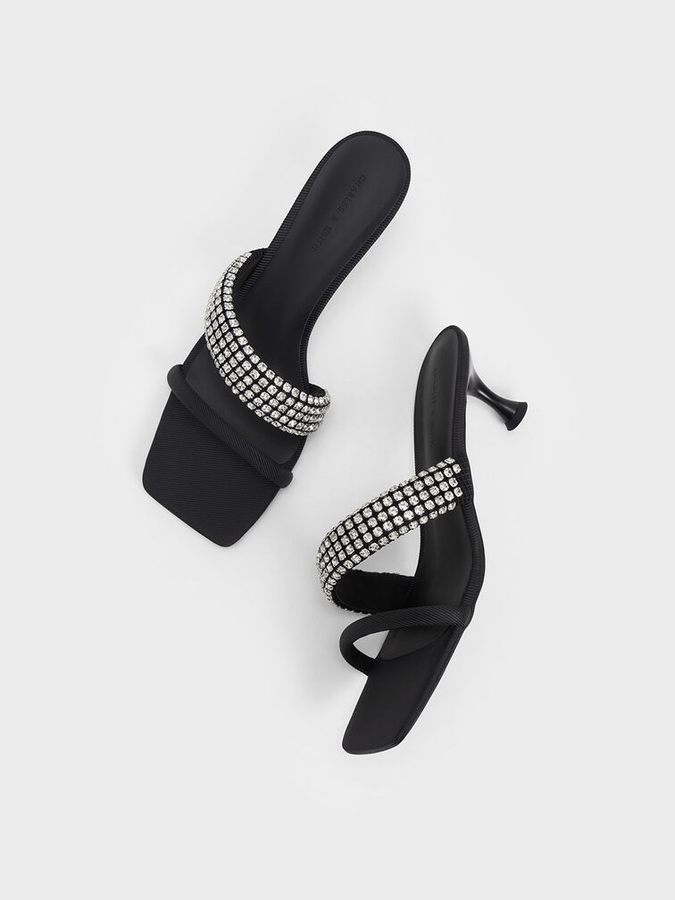 Gem Embellished Strappy Mules, Black, hi-res