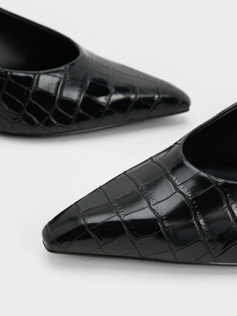 Croc-Effect Slant Heel Pumps, Animal Print Black, hi-res
