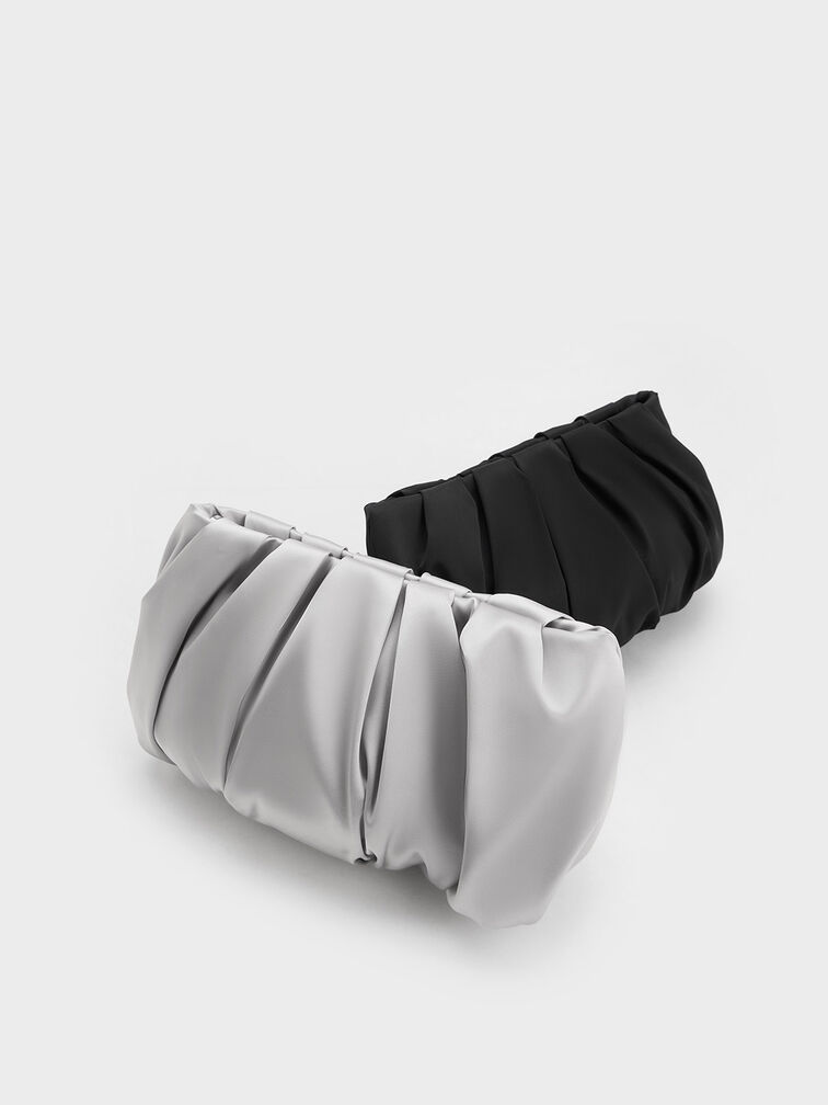 Satin Ruched Bead-Handle Bag, Noir, hi-res