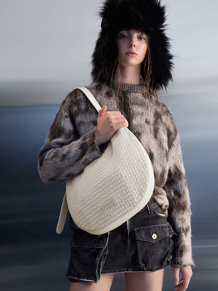 Textured Crescent Hobo Bag, Frosted White, hi-res