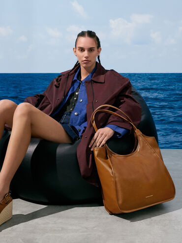 Sianna Crinkle-Effect Slouchy Tote Bag, Chocolate, hi-res