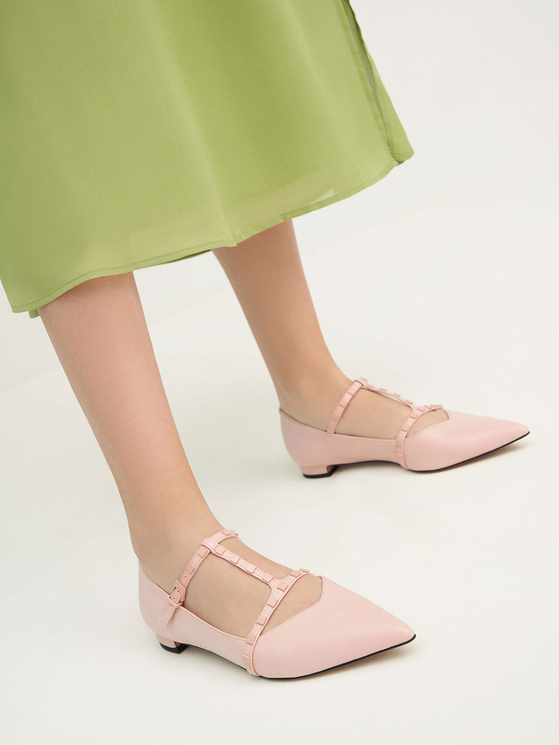 Pink Leather Embellished Strappy Ballerina Flats CHARLES KEITH IN