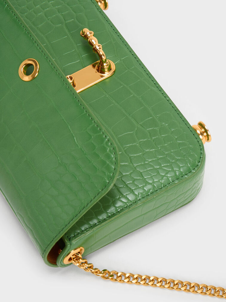 Meriah Croc-Embossed Clutch, Green, hi-res