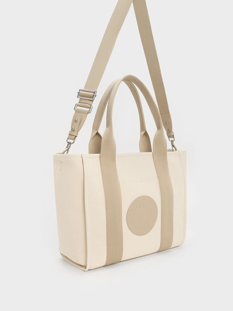 Large Kay Canvas Contrast-Trim Tote Bag, Taupe, hi-res