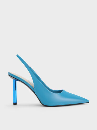 Cylindrical Metallic Heel Slingback Pumps, Blue, hi-res