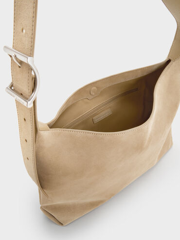 Larsen Recycled Suede Buckle-Strap Hobo Bag, Nutmeg Beige, hi-res