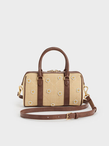 Philomena Raffia Flower Bowling Bag, Beige, hi-res