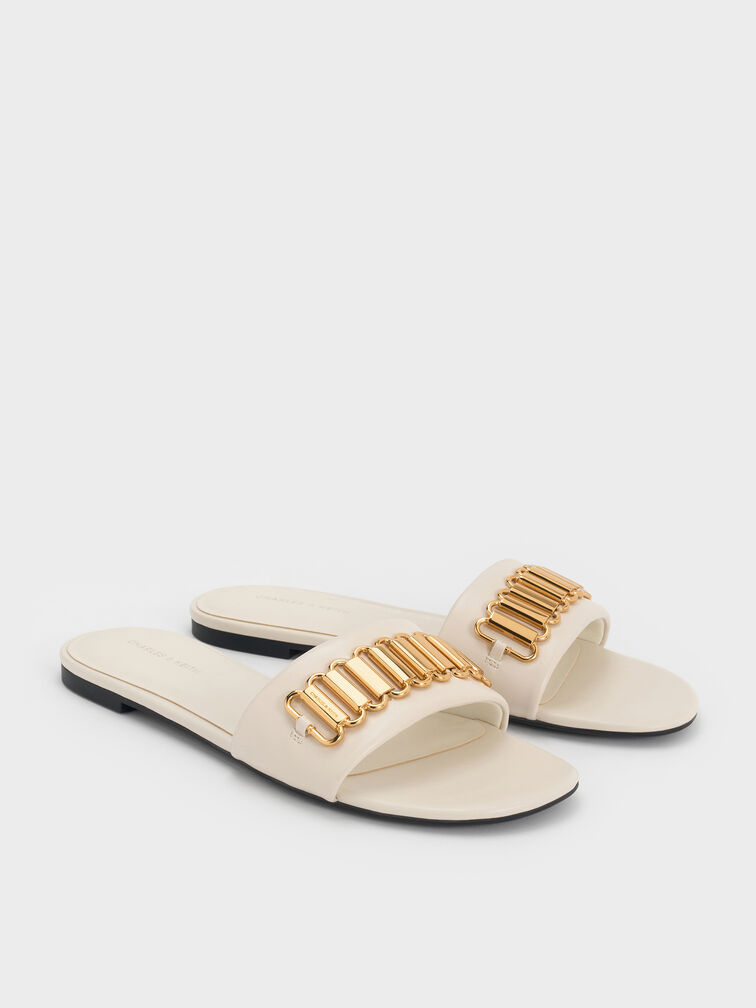 Metallic-Accent Slide Sandals, Chalk, hi-res