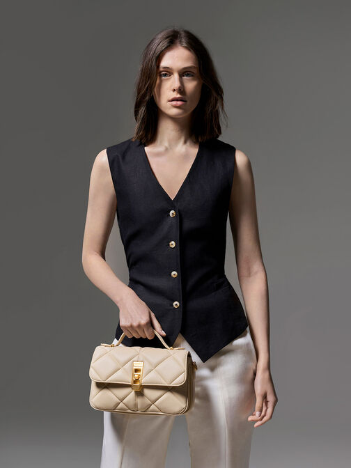 Anwen Quilted Top Handle Bag, Beige, hi-res