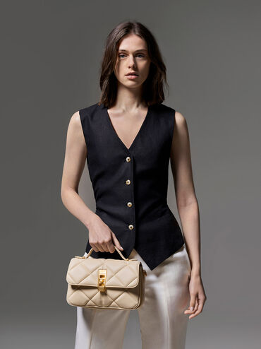 Anwen Quilted Top Handle Bag, Beige, hi-res