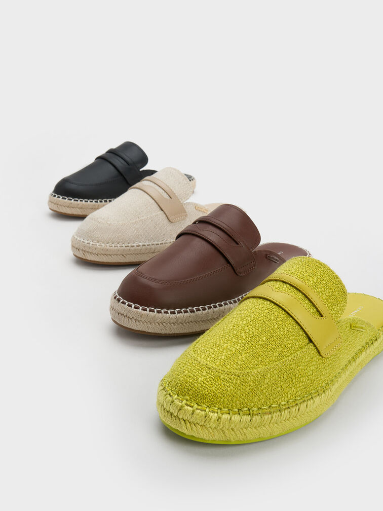 Woven Penny Loafer Backless Espadrilles, Lime, hi-res