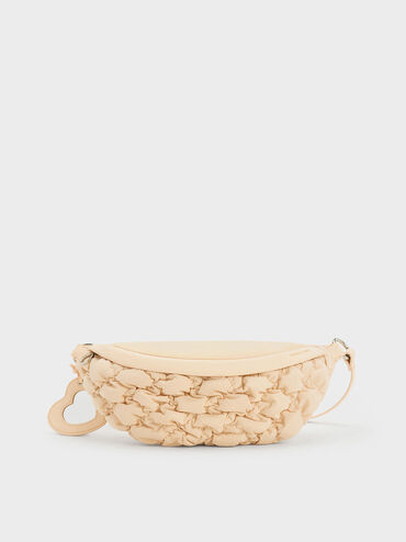 Ruched Nylon Bum Bag, Beige, hi-res
