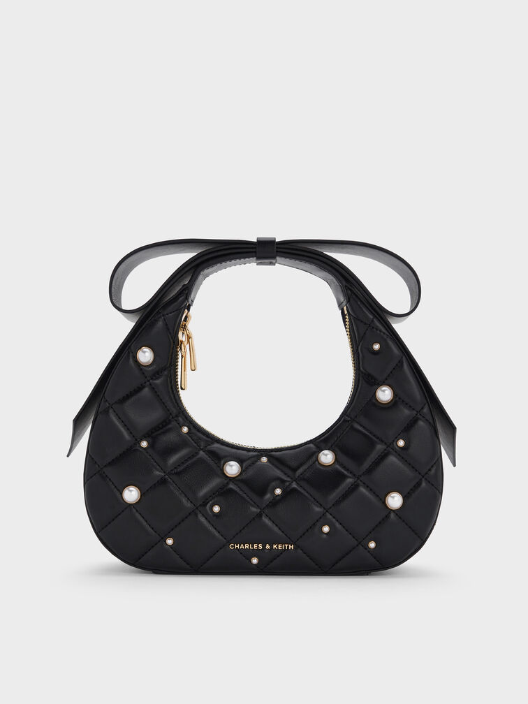 Janie Quilted Pearl Bow-Handle Bag, Black, hi-res