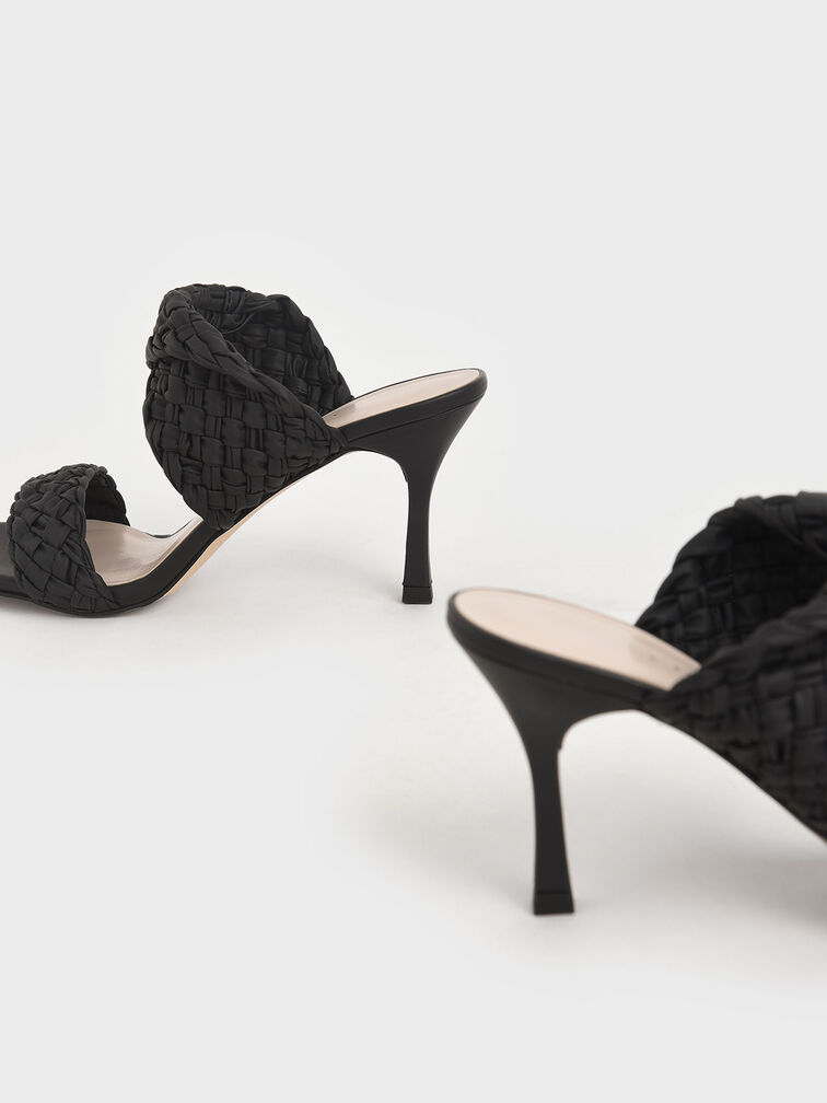 Double Strap Woven Heeled Mules, Black, hi-res