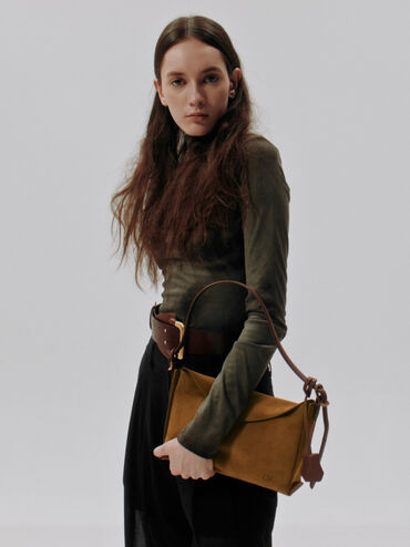 Leather & Suede Top-Flap Hobo Bag, Brown, hi-res