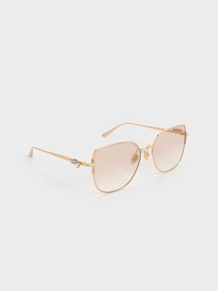 Crystal-Embellished Metal-Rim Butterfly Sunglasses, Light Gold, hi-res