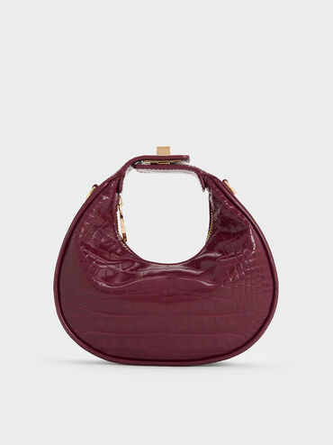 Mini Croc-Effect Moon Bag, Burgundy, hi-res